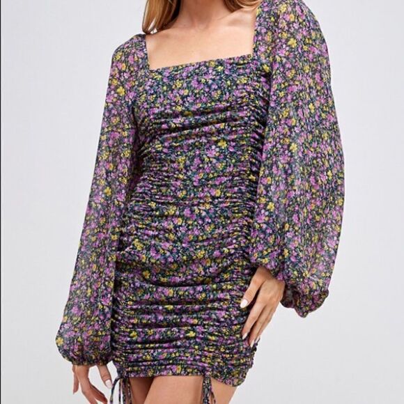 NWOT Francesca’s Carly Purple Drawstring Floral Dress - Picture 1 of 10